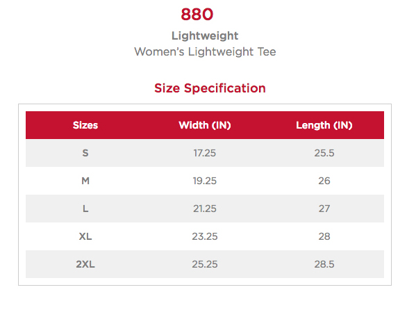 Anvil 880 Women's Tshirt Size Chart